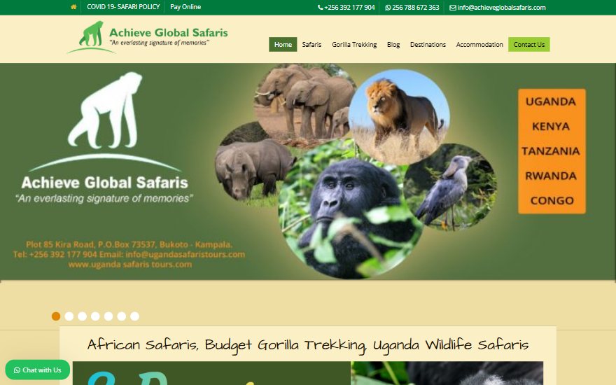 Screenshot of the Achieve Global Safaris website