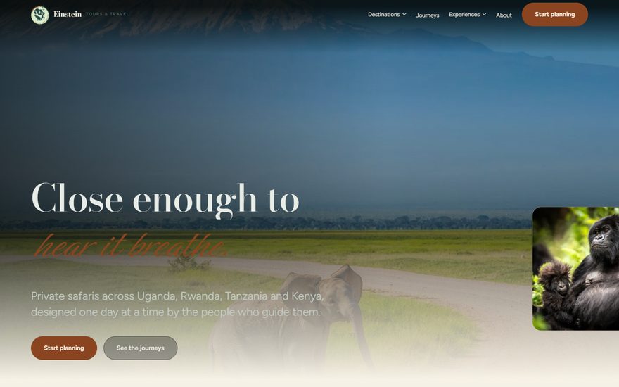 Screenshot of the Einstein Tours and Travel private safari website