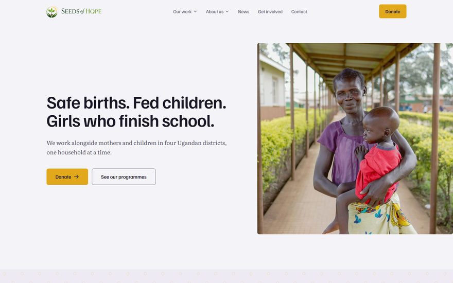 Screenshot of the Seeds of Hope charity website for mothers and children
